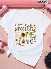 Camiseta de manga corta con cuello redondo para mujer, estampado de leopardo con diseño de girasol inglés, suave y con caída fluida, adecuada para uso diario, oficina, escuela, vacaciones, camping, de estilo versátil, que hace que tu verano sea más vibrante y colorido. - Blanco - Ver 6