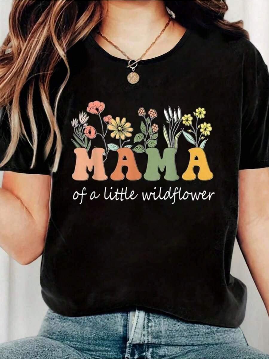 Camiseta casual de algodón de manga corta con cuello redondo y estampado floral para mujer, 100% algodón, con la frase 'Mamá de una pequeña flor silvestre', para primavera y verano. Moda. - Negro - Ver 1