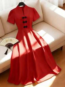 XHESHEIN  Vestido de verano con cuello en pico elegante, botones en la cintura y dobladillo acampanadoXHE - Rojo - Ver 3