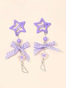 2入組 Y2K風格紫色星星花格蝴蝶結糖果裝飾髮夾，學院風夢幻仙女髮飾，復古甜酷時尚髮夾，適合音樂節、派對、春夏日常配戴，送給朋友的絕佳禮物，髮爪夾、髮夾 - 紫色 - 查看 2