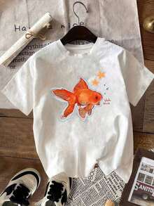 Stylish And Fashionable Clothing: Women's Casual Short Sleeve T-Shirt - Cute Cartoon Goldfish Print With The Phrase "Fish Like Me", High Elasticity Ice Silk Fabric, Breathable Summer Top, Machine Washable, Versatile For All Seasons, Fun Design, Non-See-Through Material, Soft And Comfortable, Slim Fit Elastic Cut, Ideal For Daily Wear, Wardrobe Basic. - 白色 - 查看 1