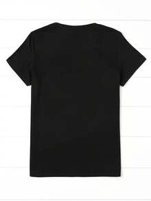 Women's Lightweight T-Shirt With Cat Paw And Heart Print - Short Sleeve Crew Neck Top, Soft And Stretchy For Spring/Summer, Machine Washable, Pet Lover T-Shirt, Comfortable And Slightly Stretchy For Everyday Casual Wear. - 黑色 - 查看 2