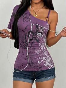 Blusa asimétrica con estampado retro para mujer de AITYI Studio, diseño de moda, estilo de vida casual al aire libre - Morado - Ver 1