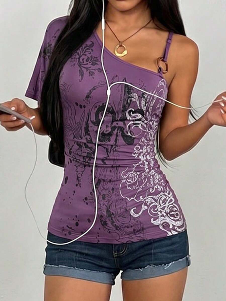 Blusa asimétrica con estampado retro para mujer de AITYI Studio, diseño de moda, estilo de vida casual al aire libre - Morado - Ver 1
