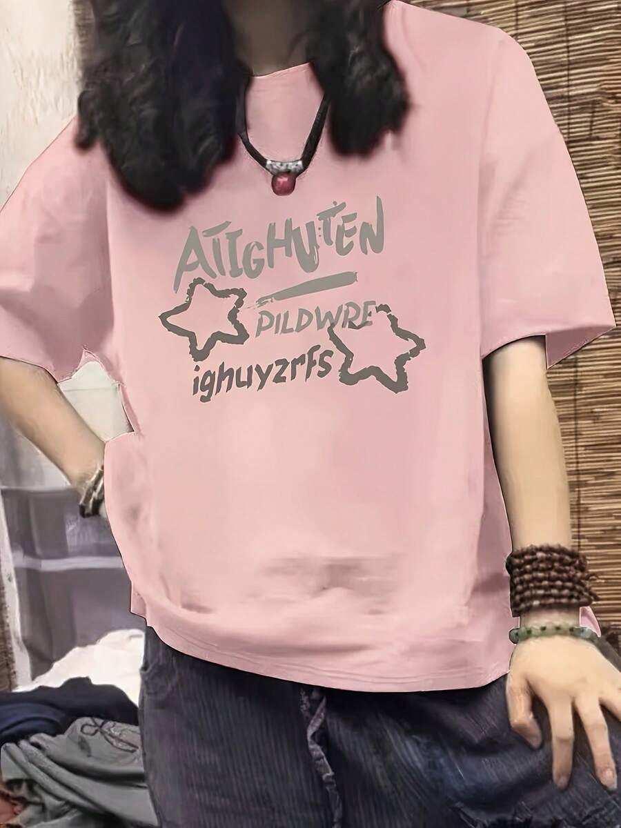 Women's Y2K 2025 Inspired Pure T-Shirt - Casual Crew Neck, Short Sleeve, Loose Fit, Cartoon Graphic Tee, Breathable Summer Tee, Casual Summer Tee | Y2K Fashion | Graphic Print - 羅莎 - 查看 1