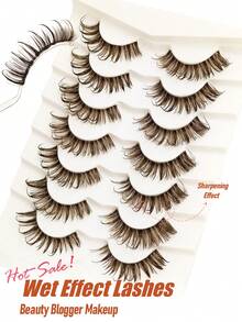 Sibeuna 7 Pairs Wet Glossy Manga Espresso Brown Tipped False Eyelashes, Transparent Band, Seamless Comfortable 3D Fluffy Dense Dramatic Cat Eye Lashes, 15-20mm, Reusable, Beginner Friendly, Curly Slim Eyelash Extensions Makeup Tool, Mocha Brown, Wet Look Lashes - Brown - View 7