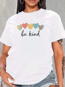 Camiseta de manga corta para mujer, cinco colores. Camiseta con Estampado de Corazón "Be Kind" para Mujer, Nueva Colección de Verano, Estampado de Leopardo, Camiseta con Frase Minimalista, 100% Algodón - Blanco - Ver 6