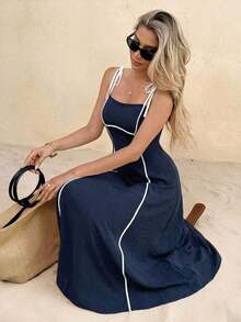Frenchy Vestido midi con tiras anudadas y ribete de color contrastante para mujer - Azul marino - Ver 7
