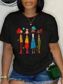 1 Women's Black T-Shirt With Colorful Feminine Motifs | Loose-Fitting Summer T-Shirt, Suitable For Casual Daily Wear And Formal Occasions, Machine Washable, Round Neck, Short Sleeves, Slightly Stretchy Fabric, Geometric Design, Stylish T-Shirt, Soft Texture, Versatile Clothing, 180g 100% Cotton. - 黑色 - 查看 6