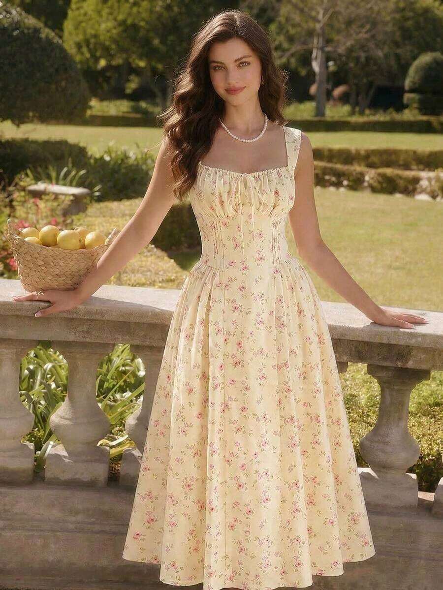 Vestido elegante vintage de mujer con bolsillos, con Body fruncido con estampado floral diminuto, tirantes de espagueti, vestido casual para fiesta, vacaciones y verano, vestidos de verano para mujer, vestido de graduación, vestido de cumpleaños, vestido de boda para invitada, vestido de primavera para mujer, vestido de vacaciones para mujer - Albaricoque - Ver 1