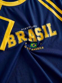 Áo thun thể thao dáng rộng màu xanh hải quân và vàng in chữ "BRASIL", kiểu dáng thường ngày lấy cảm hứng từ áo đấu Brazil thời kỳ Y2K, tay ngắn, thích hợp cho nữ mùa hè. - Màu xanh lam - Xem 3