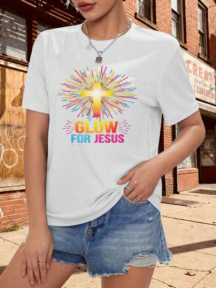 Women's T-Shirt With Luminous Cross And Biblical Text - Soft, Stretchy, Round Neck And Short Sleeve, Compatible With Modest Clothing Styles, Suitable For Casual Wear, Work Clothes And Religious Clothing For Church - Machine Washable Religious Clothing. - 白色 - 查看 1