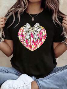 Women's Tops, Women's T-Shirts, Mother's Day, Casual Blouses For Ladies, Women's Tops, 2000s Style, Casual Short-Sleeved Round Neck T-Shirt For Women With Pink Heart Print, Disco Ball, Leopard Print And Bow Pattern, Perfect For Daily Wear And Holiday Gifts In Spring And Summer. - 黑色 - 查看 1