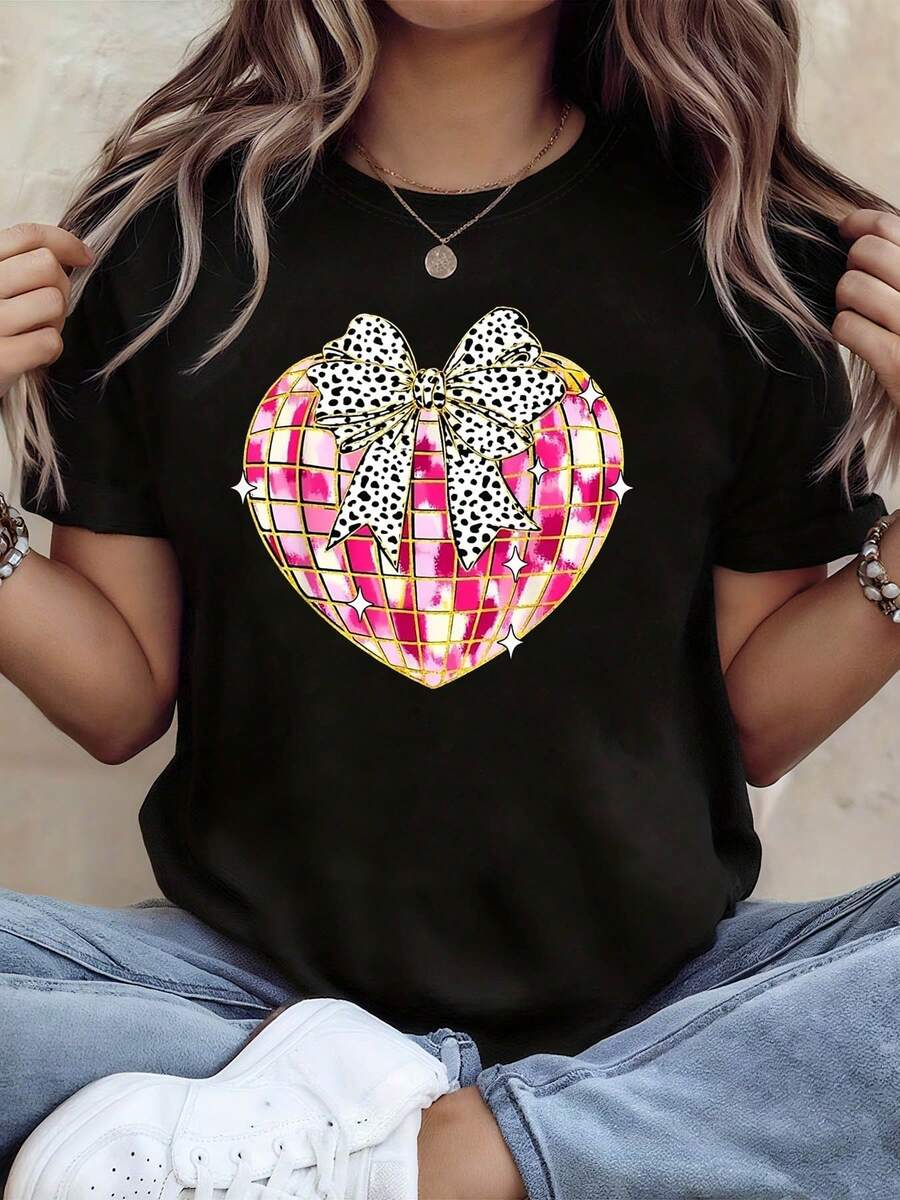 Women's Tops, Women's T-Shirts, Mother's Day, Casual Blouses For Ladies, Women's Tops, 2000s Style, Casual Short-Sleeved Round Neck T-Shirt For Women With Pink Heart Print, Disco Ball, Leopard Print And Bow Pattern, Perfect For Daily Wear And Holiday Gifts In Spring And Summer. - 黑色 - 查看 1