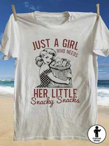 1 Piece Vintage T-Shirt "Just A Girl Who Needs Her Little Snacky Snacks" - Retro Style With Round Neck, 100% Pure Cotton, Soft And Comfortable For Daily Wear - Ideal Gift For Friends And Family, Perfect For Casual Outings, Days At The Beach Or Relaxing At Home, 180g 100% Cotton. - 白色 - 查看 7