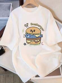 Women's Essential Casual T-Shirt, 100% Cotton, Loose Fit, With Cartoon Hamburger Print "HOMBERY!", Round Neck, Short Sleeve, Urban Casual Style, Breathable, Summer T-Shirt With Fun Design, Machine Washable, Soft Cotton For Daily Wear. - 白色 - 查看 1