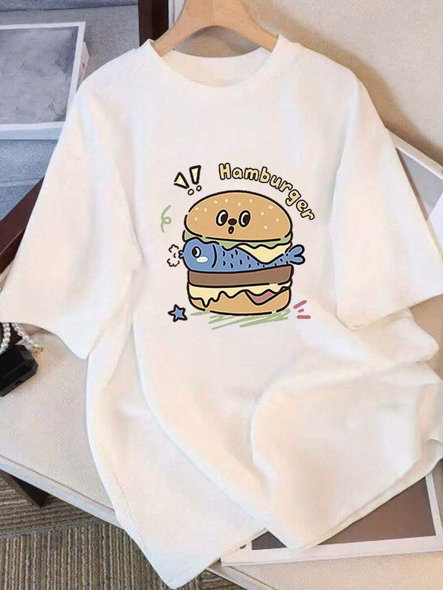 Women's Essential Casual T-Shirt, 100% Cotton, Loose Fit, With Cartoon Hamburger Print "HOMBERY!", Round Neck, Short Sleeve, Urban Casual Style, Breathable, Summer T-Shirt With Fun Design, Machine Washable, Soft Cotton For Daily Wear. - 白色 - 查看 1