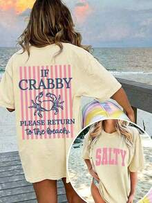 Women's 100% Cotton Graphic Graphic T-Shirt With Double Print "If I'm In A Bad Mood, Please Go Back To The Beach" And "Salty", Casual And Oversized Summer Style | Summer Clothes | Holiday Outfits Pure Cotton T-Shirt 100% Cotton 100% Cotton - 杏子 6 - 查看 7
