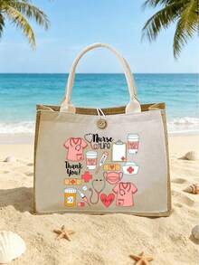 Túi tote vải canvas chủ đề y tá và túi đựng mỹ phẩm đồng bộ - Túi vải lanh chắp vá in họa tiết ống nghe, trái tim, ống tiêm, nhiệt kế, bền và nhẹ, vật dụng thiết yếu hàng ngày của y tá, túi lưu trữ đa năng túi đựng mỹ phẩm ví sắp xếp, phù hợp để đi làm, đi làm, giải trí du lịch, mua sắm, dã ngoại, quay lại trường, tốt nghiệp, quà tặng Ngày Nhà giáo - Nhiều màu - Xem 12