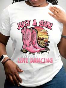 Women's Clothing Cowgirl Style Line Dancing T-Shirt For Women, Pink Boots And Desert Scene Print With "Just A Girl Who Loves Line Dancing" Text, Clothing For Country Western Parties, Festivals, Summer Outfit, Perfect Gift For Mom, Women's Shirts - 白色 - 查看 6