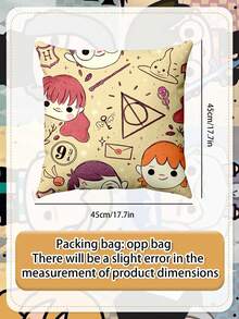 Harry Potter Wizarding World Sofa Cushion Cover, Cute Chibi Character & Icon Print Cushion Cases For Fans,Celebrate Your Love For The Wizarding World With These Adorable Harry Potter Pillow Covers, Featuring Whimsical Chibi-Style Characters And Iconic Symbols From The Series. - Pillowcase - View 3