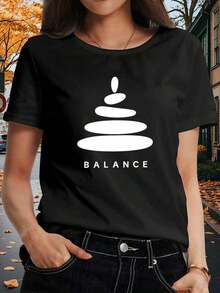 Women's T-Shirt With Balance Stones And Letter Print | Casual Short Sleeve Loose Fit T-Shirt, Suitable For Vacation And Everyday Wear, Machine Washable For All Seasons, Durable Crew Neck Design, Opaque Fabric, Casual Blouses For Women - 黑色 - 查看 1