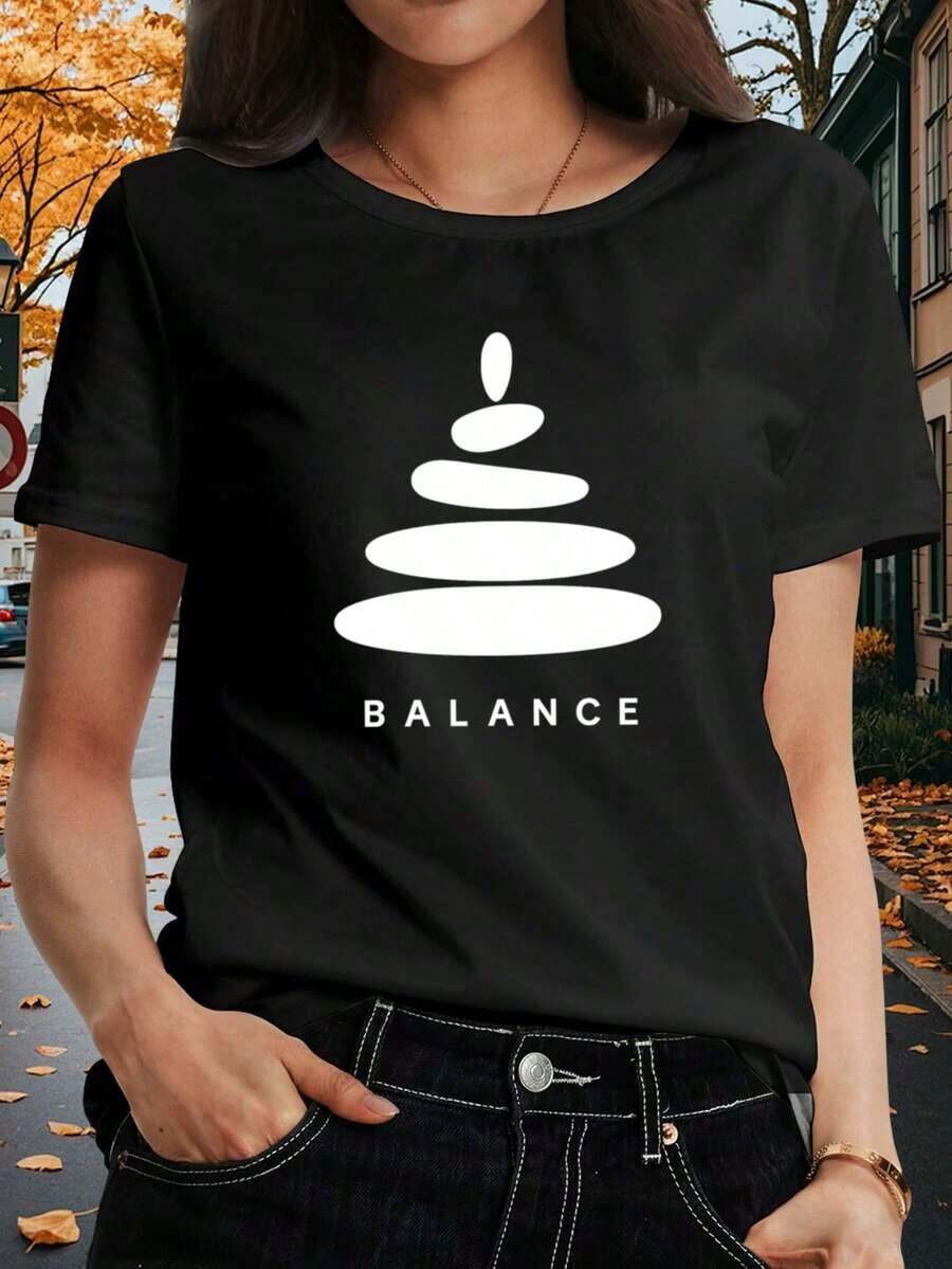 Women's T-Shirt With Balance Stones And Letter Print | Casual Short Sleeve Loose Fit T-Shirt, Suitable For Vacation And Everyday Wear, Machine Washable For All Seasons, Durable Crew Neck Design, Opaque Fabric, Casual Blouses For Women - 黑色 - 查看 1