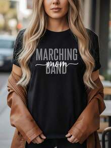 100% Cotton Graphic T-Shirt, Short Sleeve, Round Neck, Cute Band Design, Band Mom, Music School And Orchestra Support, Fun Gift For Musicians. Round Neck Printed Short Sleeve Casual Everyday T-Shirt, They Are Excellent Gifts For Friends And Family, 100% Cotton T-Shirts Feature, A Youthful And Fashionable Design Casual Blouses For Women - 黑色 - 查看 1