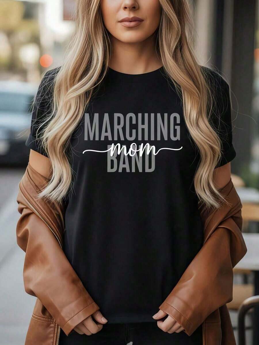 100% Cotton Graphic T-Shirt, Short Sleeve, Round Neck, Cute Band Design, Band Mom, Music School And Orchestra Support, Fun Gift For Musicians. Round Neck Printed Short Sleeve Casual Everyday T-Shirt, They Are Excellent Gifts For Friends And Family, 100% Cotton T-Shirts Feature, A Youthful And Fashionable Design Casual Blouses For Women - 黑色 - 查看 1