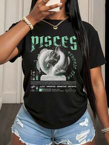 Women's Cotton T-Shirts, Pisces Zodiac Sign T-Shirt, Psychic Astrology Design, Creative, Sensitive, Artistic, Fish Symbol Graphic T-Shirt For Women And Men, Casual Wear, Birthday Gift For Pisces Lovers, Basic Women's Blouses. - 黑色 - 查看 2