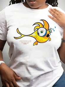 Women's Cotton T-Shirts, Women's T-Shirt With Marine Life Print, Soft And Casual For Everyday Wear, Ideal For Beach Holidays - Machine Washable Black T-Shirt With Yellow And Green Details - Comfortable And Durable Basic Blouses For Women. - 白色 - 查看 7