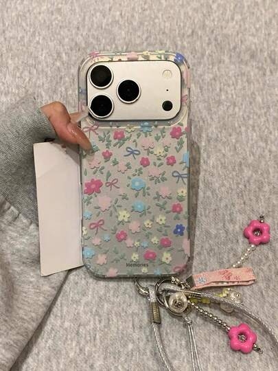 17 Pro Max、17新型モデル16、15女性用の保護カバー16 Proに対応するグリッターシルバーベースの花柄スマホケース、フルボディ耐衝撃、ストラップ付き