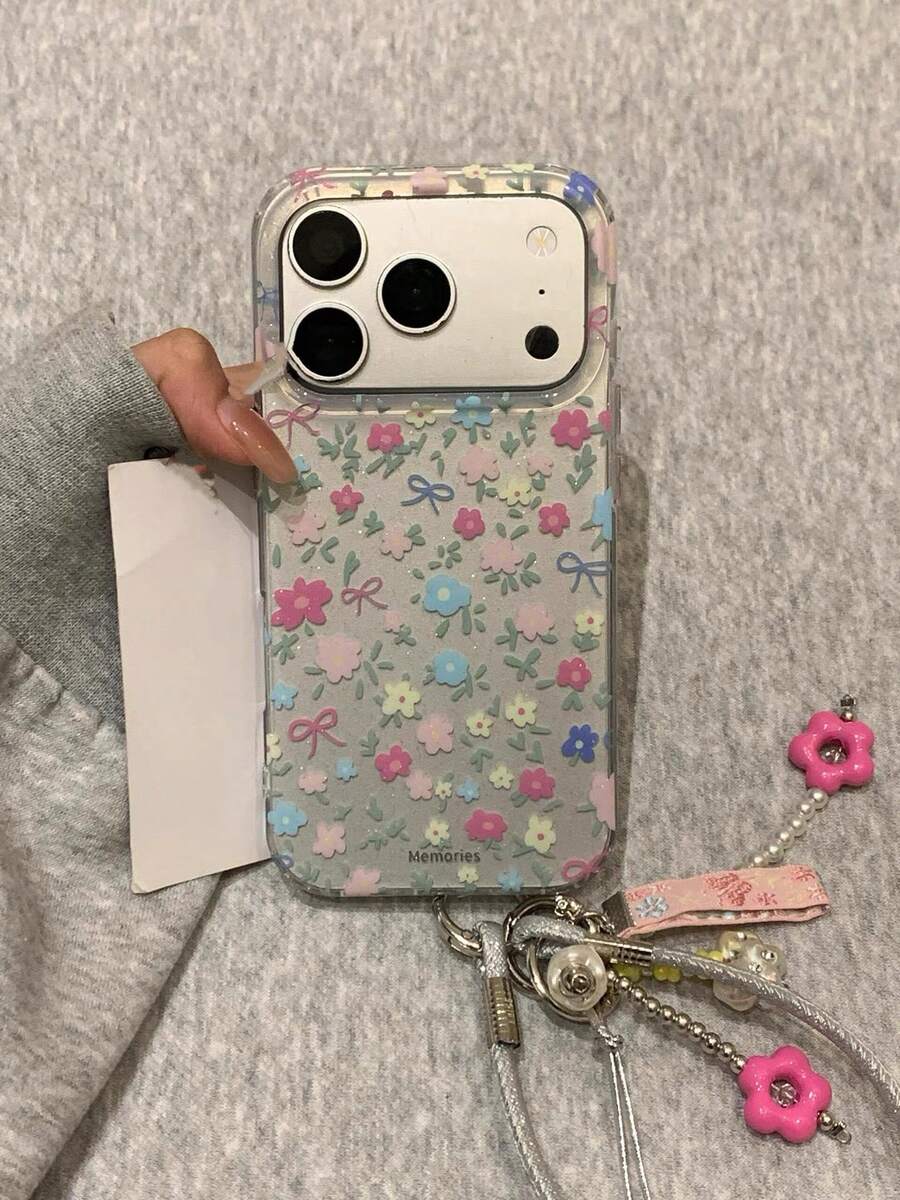 Glitter Silver Base Floral Pattern Phone Case Compatible With IPhone 17 Pro Max, 17 New Model 16 Protective Cover 15 For Women 16 Pro Full Body Anti-Drop With Lanyard - Silver - View 1