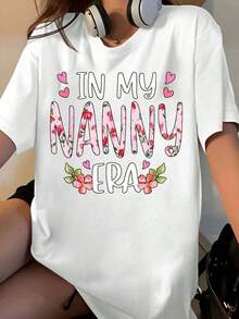 Women's "In My Nanny Era" Floral Print T-Shirt, Lovely Gift For Grandma, Mother's Day Or Birthday Gift, Casual Summer Top - 白色 - 查看 1