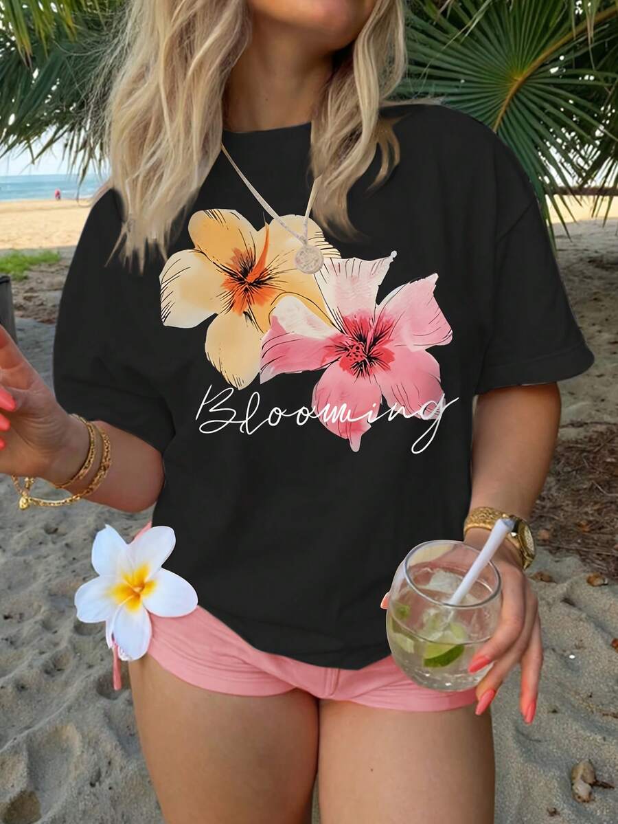 Short-Sleeved Round-Neck T-Shirt With A Vibrant Floral Print Y2K Style Sportswear, Round Neck, 100% Cotton, Soft Fabric, Short Sleeve. - 黑色 - 查看 1