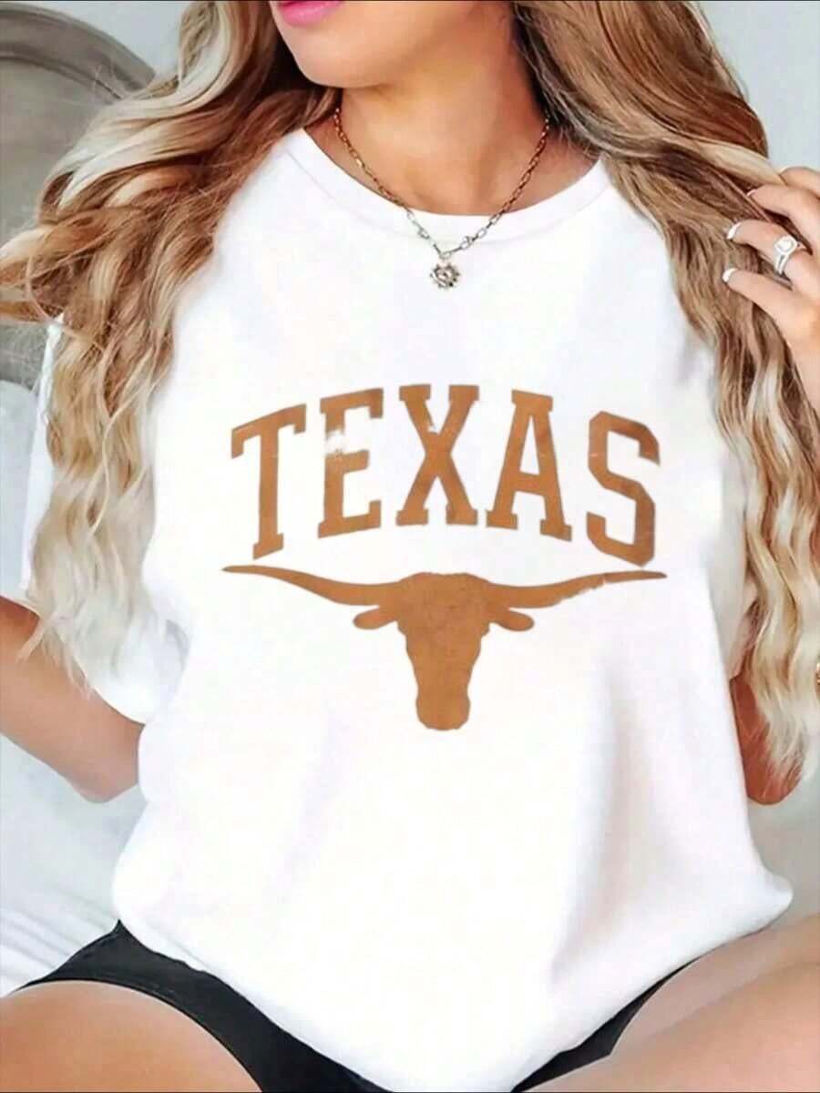 Women's Texas Longhorns University Logo Graphic T-Shirt, Casual Wear, College Spirit T-Shirt, Summer Fashion Cotton T-Shirt - 白色 - 查看 1