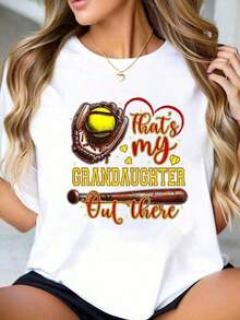 White T-Shirt, 100% Mexican Cotton, With "That's My Granddaughter Playing Softball, Grandma" Print, Spring Tops For Women, Fashionable Summer Cotton T-Shirt - 白色 - 查看 7