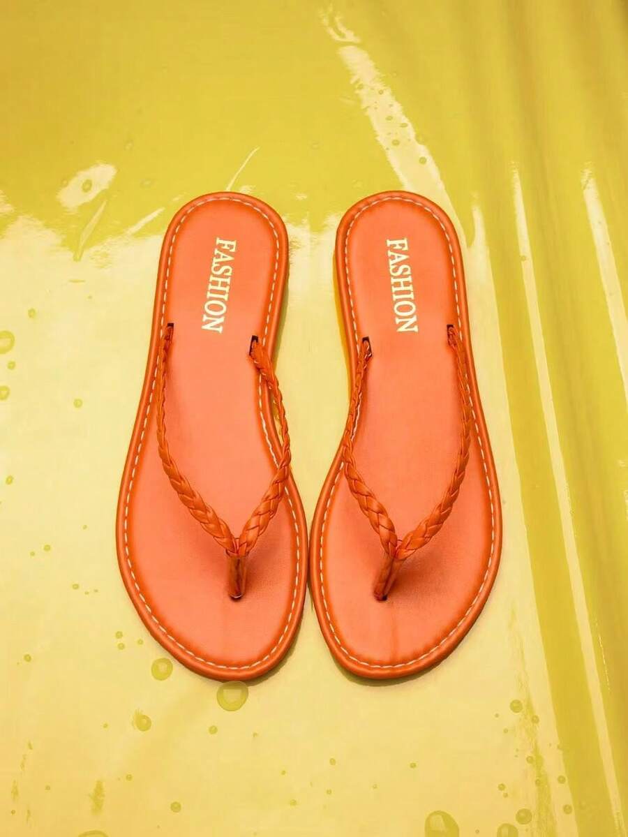 Trivaya Sandalias planas de verano para mujer con punta abierta, chanclas con tiras trenzadas, pantuflas casuales ligeras - Naranja - Ver 1