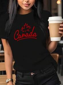 Women's Cotton Round Neck T-Shirts, Casual Summer And Spring Clothing, Short Sleeve Round Neck Casual Top, Patterned Printed T-Shirt, Simple T-Shirt For Everyday Wear - 黑色 - 查看 7