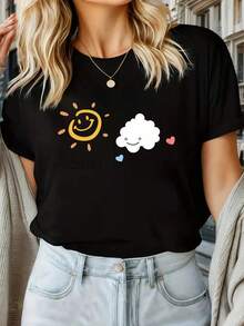 Women's Sun And Cloud Print T-Shirt, Short Sleeve, Summer Fashion, Versatile Style, Harajuku Style, Aesthetic Casual Clothing - Vintage Urban Style, Unisex, Loose Cotton T-Shirt With Round Neck And Short Sleeves - 黑色 - 查看 1