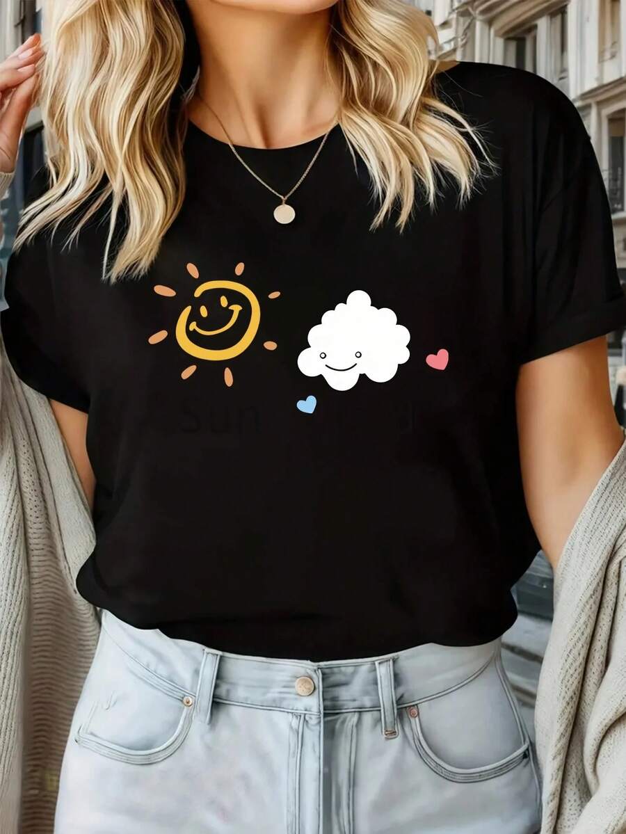 Women's Sun And Cloud Print T-Shirt, Short Sleeve, Summer Fashion, Versatile Style, Harajuku Style, Aesthetic Casual Clothing - Vintage Urban Style, Unisex, Loose Cotton T-Shirt With Round Neck And Short Sleeves - 黑色 - 查看 1