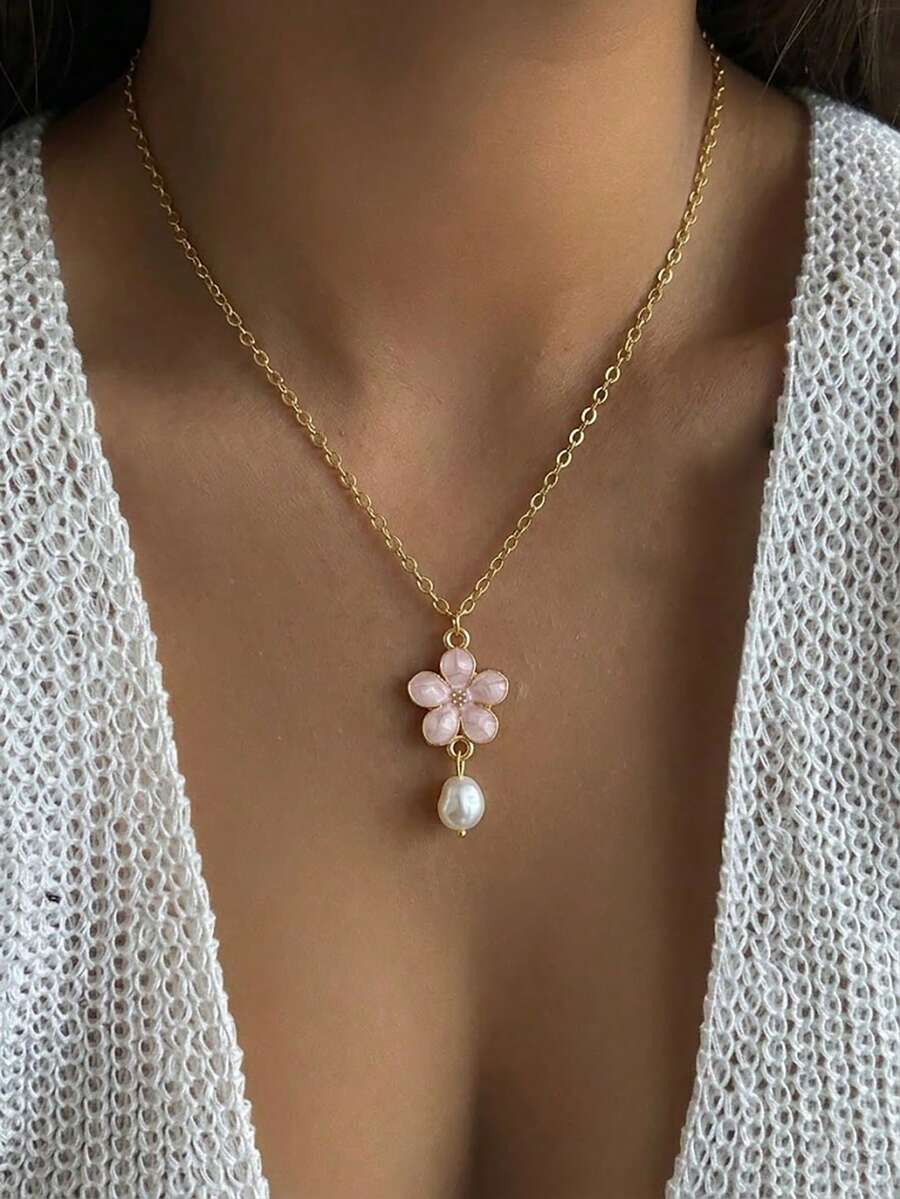 1 chiếc vòng cổ mặt dây chuyền hình hoa anh đào kiểu Baroque đính ngọc trai giả, màu men vàng nhạt, phong cách Y2K, thích hợp đeo hàng ngày hoặc làm quà tặng sinh nhật cho nữ. - Vàng - Xem 1
