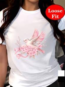Women's Plus Size T-Shirt With Pink Cherry Blossom And White Dove Print - Soft Short Sleeve Crew Neck Blouse, Loose Fit Inspired By Summer, Machine Washable Pink Floral T-Shirt - 白色 - 查看 1