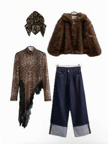 Women's New Elegant Leopard Print Lace Crew Neck Top, Asymmetrical T-Shirt, Suitable For Daily Wear All Seasons - Coffee Brown - View 6