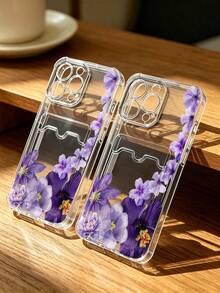 1 unidad Patrón floral morado delicado Funda para iPhone 16 E, protección anticaída con airbag reforzado en las cuatro esquinas, tarjetero invisible integrado en la parte trasera, compatible para tarjeta personal, carnet de conducir, tarjeta de acceso y tarjeta de transporte, funda protectora antigolpes portátil con ranura para tarjetas, diseño sencillo y elegante, ideal para uso diario, desplazamientos y viajes - transparente - Ver 5