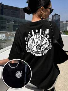 New 2026 Collection: Women's Cotton T-Shirt With Front And Back Print, Rock Music And Guitar Design, Round Neck, Short Sleeve, Casual And Modern Style, Suitable For Fitness And Daily Wear In All Seasons, Top With Fun Print Design. - 黑色 - 查看 1