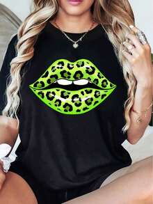 Women's Casual T-Shirt, Sexy, Neon Green With Leopard Print - Breathable, Round Neck, Short Sleeve, Summer Casual Top, Loose Fit, Machine Washable, Bold Pattern Design, Comfortable Fabric. - 黑色 - 查看 1