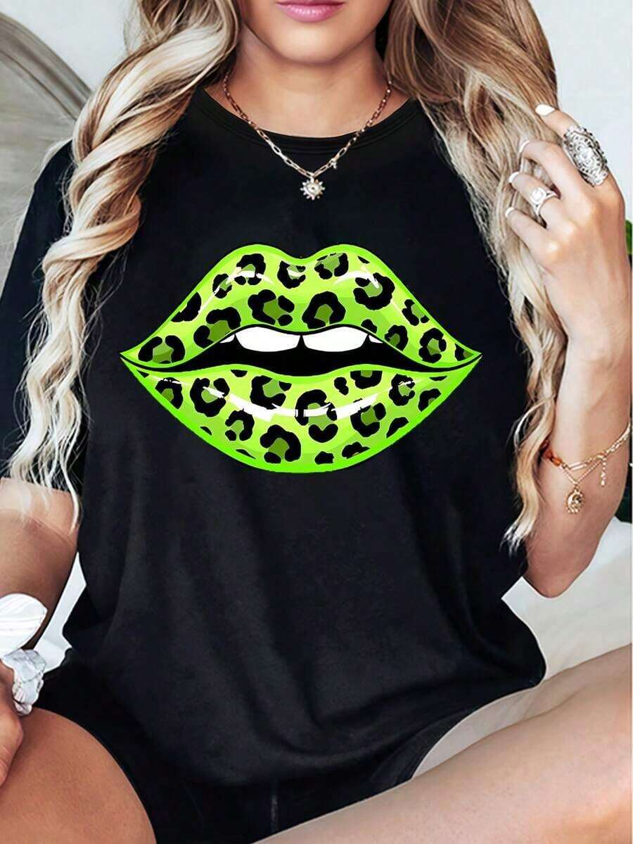 Women's Casual T-Shirt, Sexy, Neon Green With Leopard Print - Breathable, Round Neck, Short Sleeve, Summer Casual Top, Loose Fit, Machine Washable, Bold Pattern Design, Comfortable Fabric. - 黑色 - 查看 1