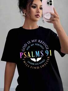 New 2026 Collection Cotton T-Shirt With Graphic Print: Psalm 91, God Is My Refuge And My Fortress, Under His Wings I Will Find Refuge. Casual T-Shirt For Women, Soft And Comfortable, Christian Gift For Christmas, Easter, Birthday. - 黑色 - 查看 9