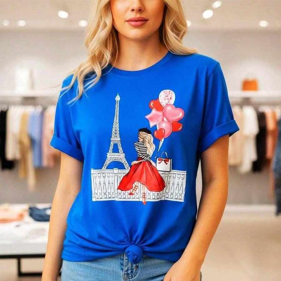 Women's Pure Cotton Paris Eiffel Tower Graphic T-Shirt - Short Sleeve Round Neck Casual Top With Heart Balloons Print, Loose Fit Tee For Daily Wear, Available In S-5XL Sizesblusas para mujer>ropa blusa casual mujer women clothing casual - Azul - Ver 1